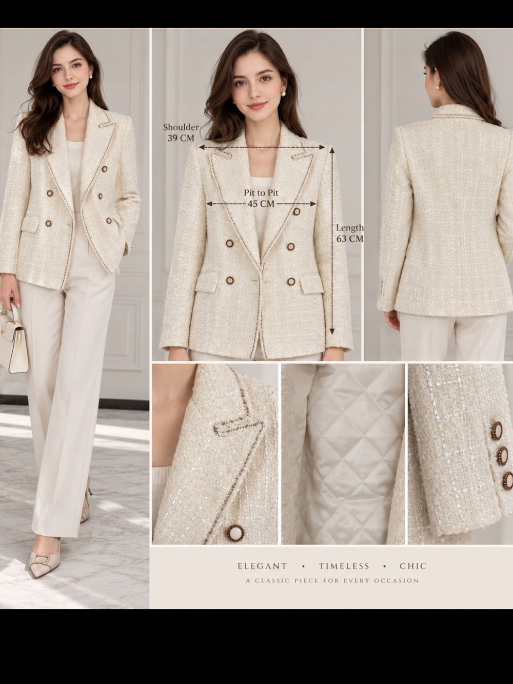 Elegant Cream Tweed Double-Breasted Blazer L acrylic with wool